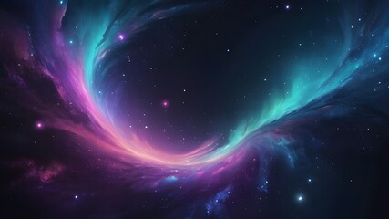 A space-inspired gradient background that shifts from dark midnight blue to violet, with bright spots of turquoise and soft pinks, creating swirling, abstract star clusters