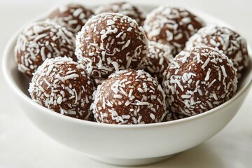 Closeup of a white bowl filled with chocolate coconut truffles on a white background.