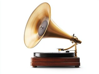 A vintage record player spinning a classic vinyl, surrounded by warm, ambient light isolated on white background.