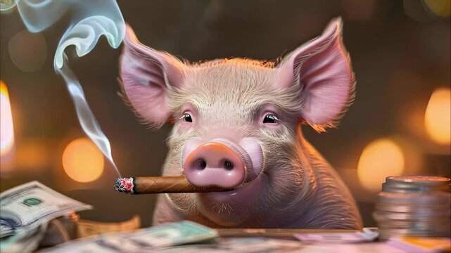 A cartoon pig sitting among stacks of money, smoking a cigar with a light smoke curling up.