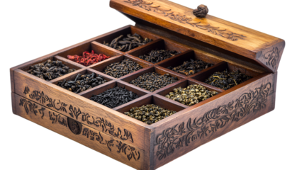 a wooden box with different types of spices.