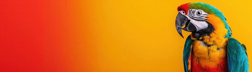 Colorful macaw parrot portrait against a vibrant orange and red background.