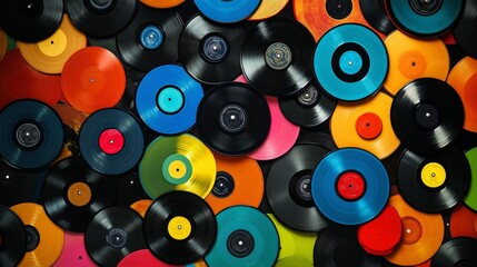 Colorful vinyl records, seen from above. They're perfect for a retro design, like a vintage record player.