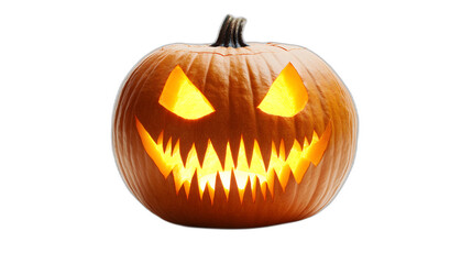 A glowing jack-o-lantern with sharp teeth isolated on a plain white background