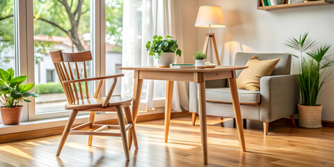 Fototapeta premium Close-up view of wooden chair and table in a cozy room setting, cozy, interior, furniture, home, relaxing, simplicity