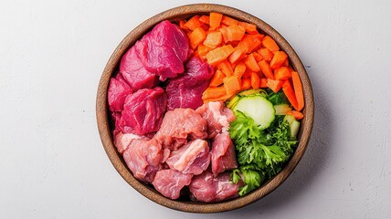 Fresh raw meat and vegetables arranged in a wooden bowl on a white isolated background.