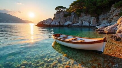 Fototapeta na wymiar A serene boat floats on crystal-clear water surrounded by rocky cliffs and pine trees, as the golden sun rises over distant mountains.