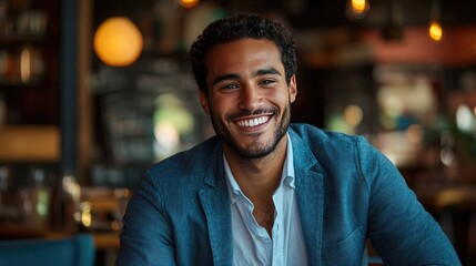Obraz premium A smiling man sits in a cafe. This image shows a young professional man, making it ideal for a website or blog about career development.