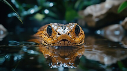Fototapeta premium A close-up of a snake's head emerging from the water, looking directly at the camera.