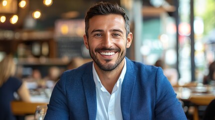 Fototapeta premium Smiling businessman in cafe. This image shows a confident man enjoying a coffee break.