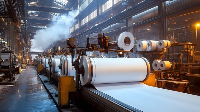 Large rolls of paper being manufactured in a paper mill, highlighting the industrial paper production process and large-scale manufacturing of paper products.
