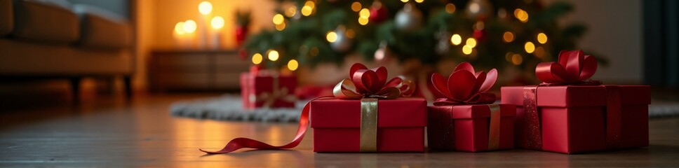 360 degree Christmas presents on the floor in the living room with a Christmas tree Christmas concept. HDRI spherical panorama.