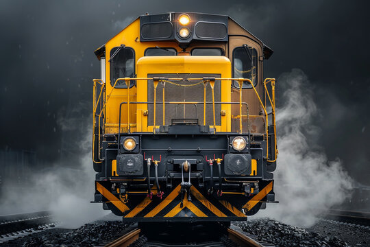 Photorealistic image of yellow and black locomotive, front view