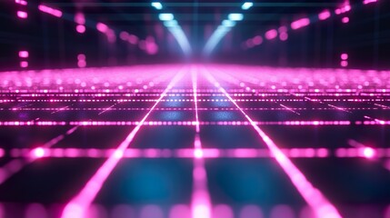 Vibrant Neon Grid Expands into a Dark Void, Radiating Glow Background