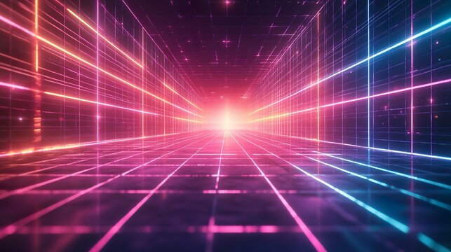 Glowing Neon Grid Gradually Expanding Into the Depths of Dark Void Background