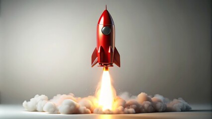 Red rocket launching leaving a trail of smoke