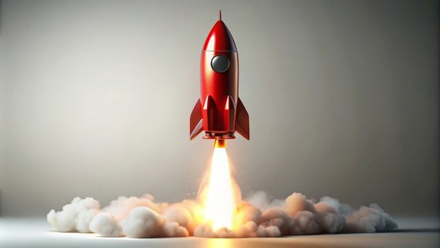 Red rocket launching leaving a trail of smoke