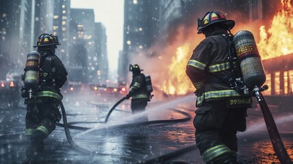 Fototapeta premium Firefighters in their gear put out a fire with hoses. They're fighting the flames near tall buildings. This shows different kinds of jobs people have.