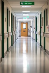 A clean hospital corridor with doors on either side and a wooden entrance at the end.