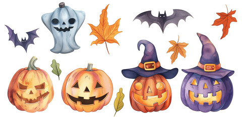 A set of watercolor pumpkins, a bat, a ghost and autumn leaves on a white background.