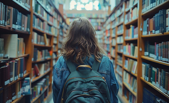 A student stretches to reach books on high shelves in a busy library during study hours