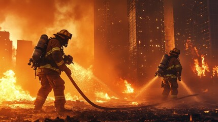 Fototapeta premium Firefighters in their gear put out a fire with hoses. They're fighting the flames near tall buildings. This shows different kinds of jobs people have.