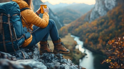 Hiker enjoying a hot drink while sitting on a cliff overlooking a scenic river valley