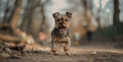 A brown dog is currently standing on a muddy road with its mouth wide open