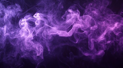 Fototapeta premium Purple smoke, like colorful incense, dances and swirls against a dark background. The smoke creates an abstract pattern, making it look like a misty fog.
