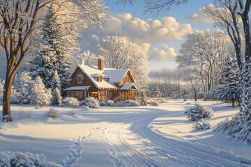 A snowy winter scene with a charming house. This image is ideal for winter themes, holidays, and cozy settings.