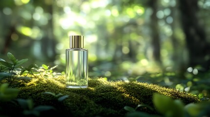A sleek perfume bottle sits on lush green moss, surrounded by a tranquil forest, highlighting nature's beauty and freshness.