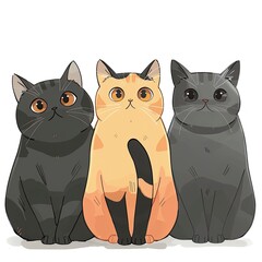 Obraz premium 3 super cute cartoon cats sitting next to each other with a little space in between with a white background, copy space with generatife ai