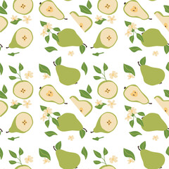 Hand drawn abstract bright fruit pear pattern with plant parts and sliced food. Seamless pattern for textile, wrapping paper, posters. Fashion textures.