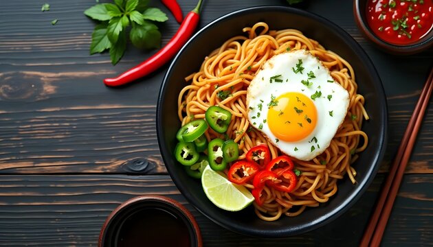 Maggi Goreng Noodles with Fried Egg, Vegetables, and Lime in a Bowl (Malaysian Cuisine)