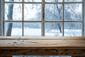 Naklejka premium A table with snow on it sits in front of a window.,