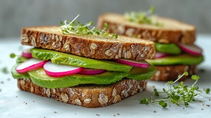 A vibrant sandwich made with whole grain bread, layered with fresh radishes and avocado