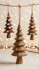 Wooden scandinavian rustic Christmas tree on festive blurred background. New Year and Christmas concept. AI generated