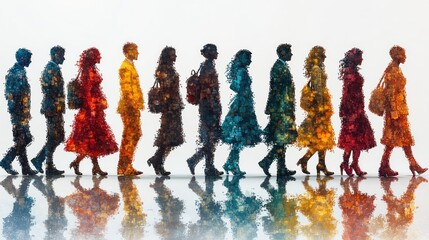 A line of colorful figures strolls gracefully, showcasing diversity and unity