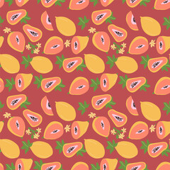 Hand drawn abstract papaya fruit pattern with plant parts and sliced food. Seamless pattern with papaya for textile, wrapping paper, posters. Fashion textures.