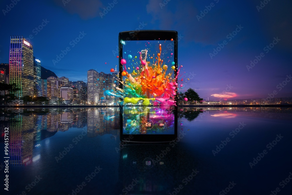Aufkleber a smartphone with a colourful paint splash bursting out of the screen, is sitting in front of a city