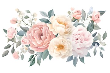 Watercolor floral bouquet, roses and peonies flower arrangement vector illustration isolated on white background, pastel color palette, muted colors, clipart style, isolated elements, pastel soft tone