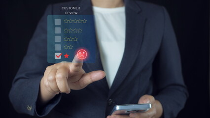 Customer Experience dissatisfied Concept, Unhappy Businessman Client with Sadness Emotion Face on smartphone screen, Bad review, bad service dislike bad quality, low rating, social media not good.