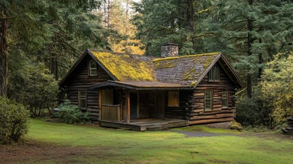 Fototapeta premium Moss-Covered Log Cabin in a Lush Forest