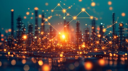 Futuristic Industrial Landscape with Digital Network Overlay at Twilight