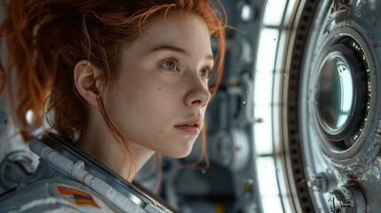 A woman with vibrant red hair and charming freckles gazes out a window
