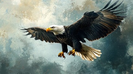 Fototapeta premium Bald Eagle in Flight with Spread Wings Against a Textured Background