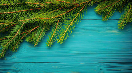 Spruce branches on a cyan wood background
