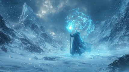 Mystical Warrior with Glowing Ice Staff in Cold Landscape