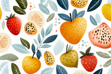 Colorful Fruit Pattern with Strawberries, Apples, and Leaves on White Background