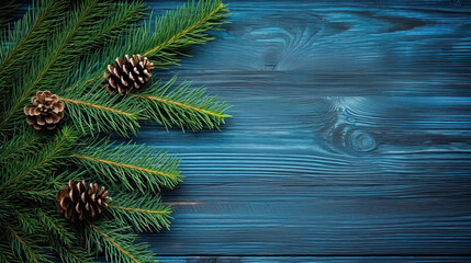 Spruce branches on a blue wood background